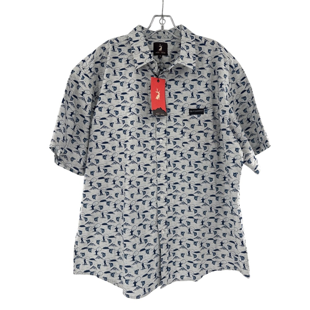 Jack + Sage Wader Camp Shirt Rocky Mountain Beige Fly‎ Fishing Print Mens M NEW